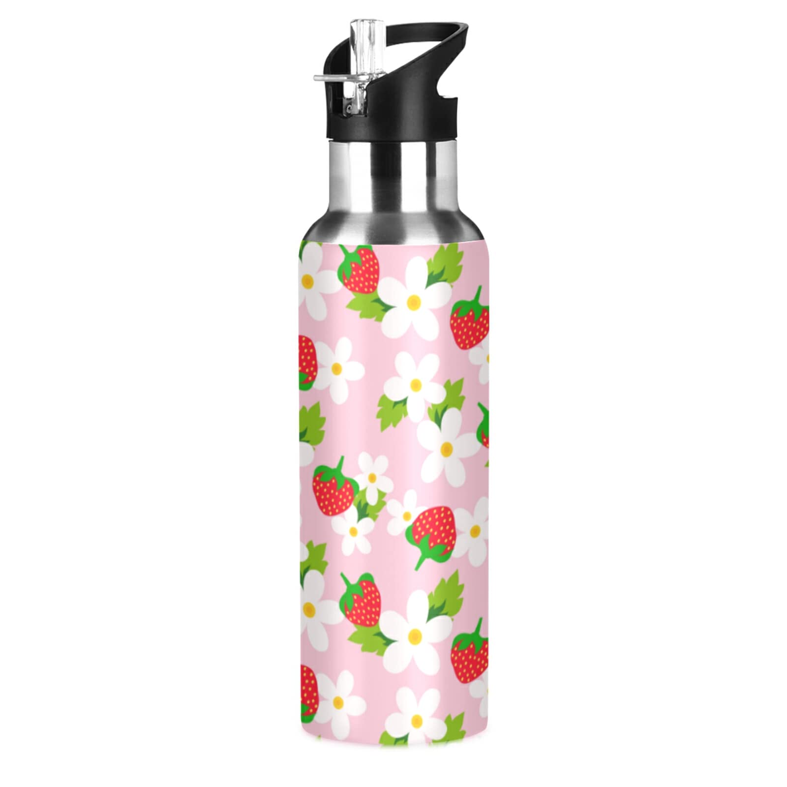 xigua 20oz Pink Strawberry White Flower Insulated Sport Water Bottle with Straw Lid Stainless Steel Vacuum Cup Leakproof Thermal Bottles 600ml