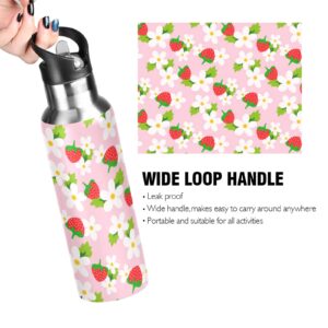 xigua 20oz Pink Strawberry White Flower Insulated Sport Water Bottle with Straw Lid Stainless Steel Vacuum Cup Leakproof Thermal Bottles 600ml