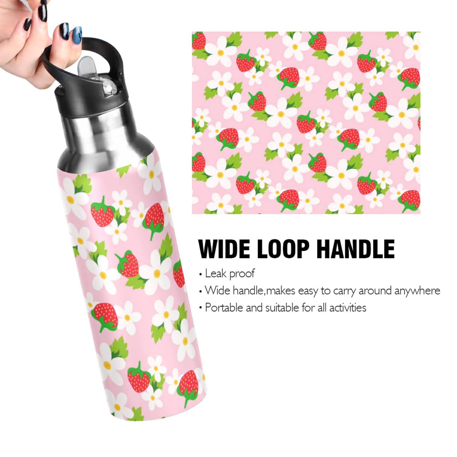 xigua 20oz Pink Strawberry White Flower Insulated Sport Water Bottle with Straw Lid Stainless Steel Vacuum Cup Leakproof Thermal Bottles 600ml