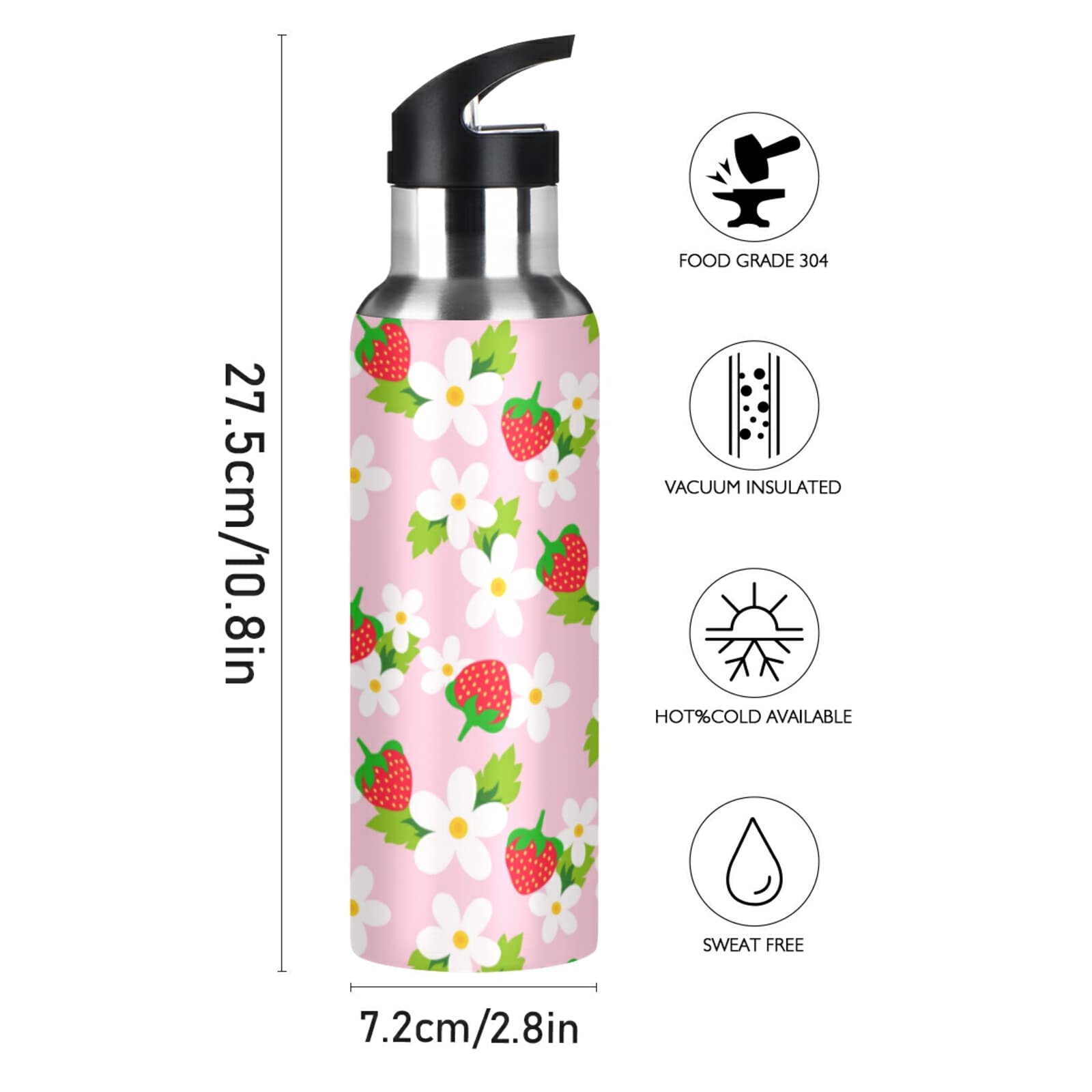 xigua 20oz Pink Strawberry White Flower Insulated Sport Water Bottle with Straw Lid Stainless Steel Vacuum Cup Leakproof Thermal Bottles 600ml