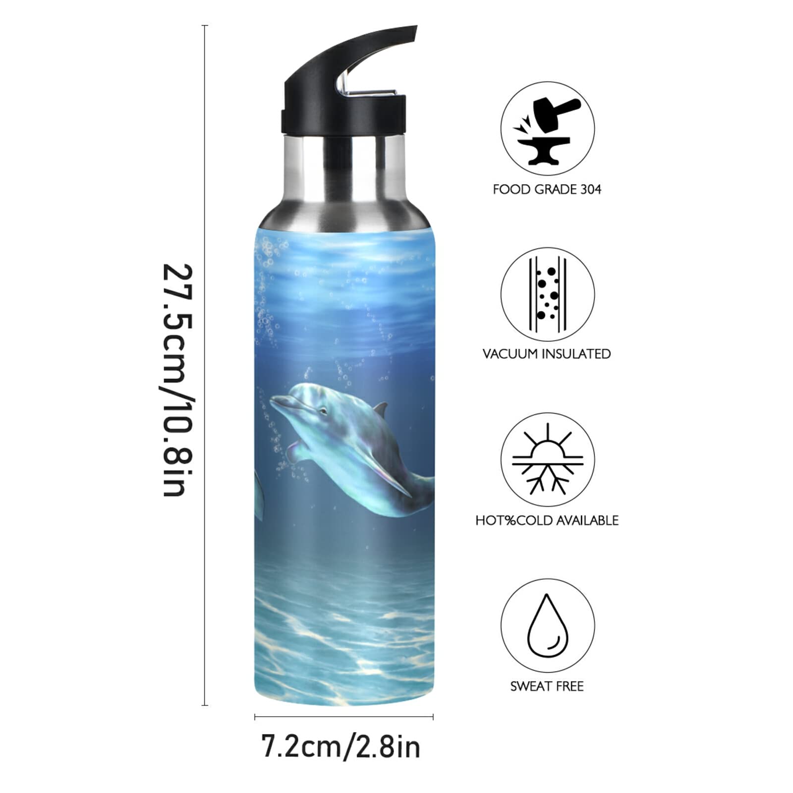 Dolphin Water Bottle with Straw Lid Thermos Ocean Kids Insulated Stainless Steel Water Flask 20 Oz Dolphins