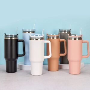 FAMKX 40oz Insulated Travel Mug Tumbler With Handle And Straw,Stainless Steel Double wall Vacuum Thermos Cup Keep Drink Cold and Hot (Caramel)