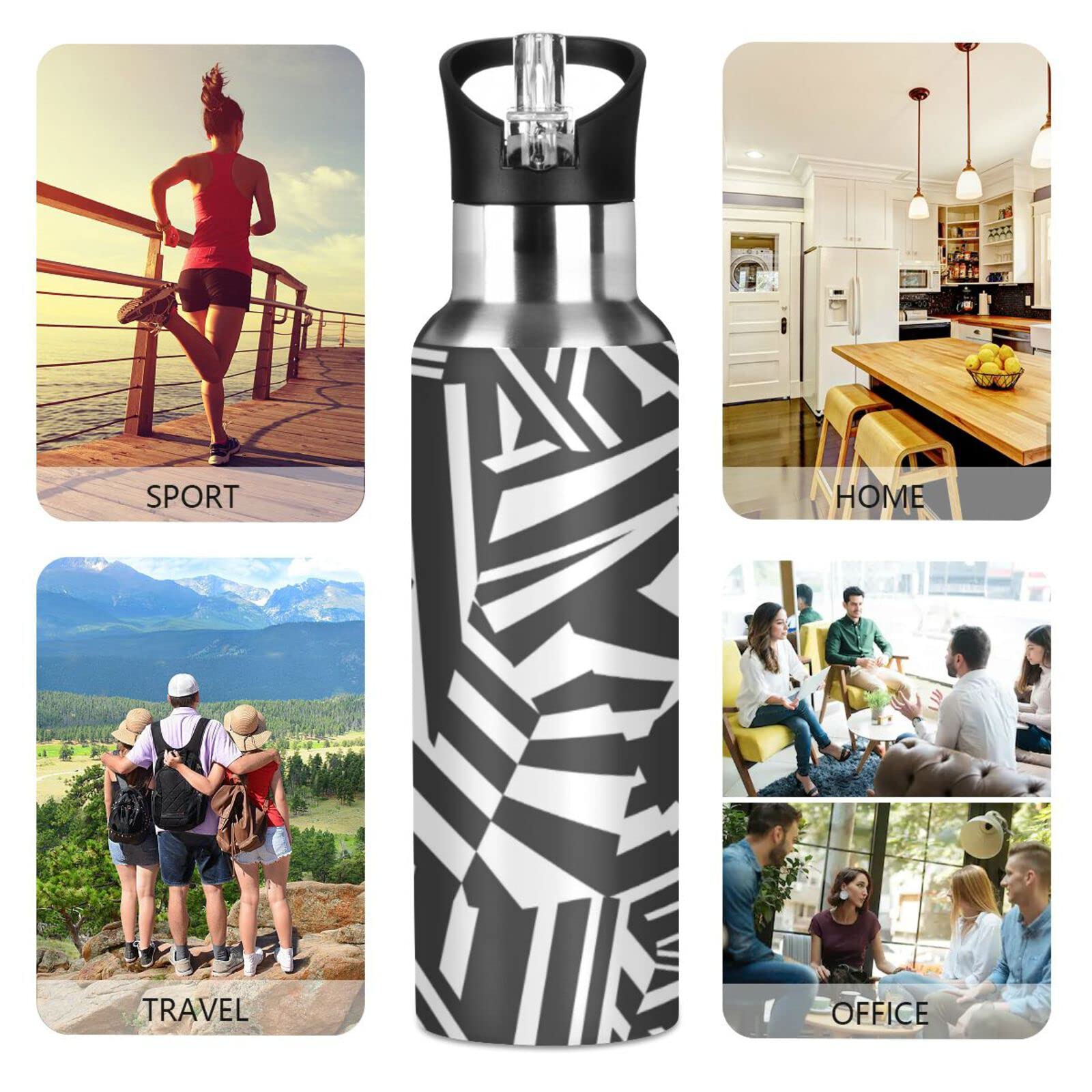 Dazzle Camouflage Water Bottle with Straw Lid Double Wall Thermos Bottle Vacuum Insulated Flask Stainless Steel Water Bottle for Gym Outdoor 35 OZ