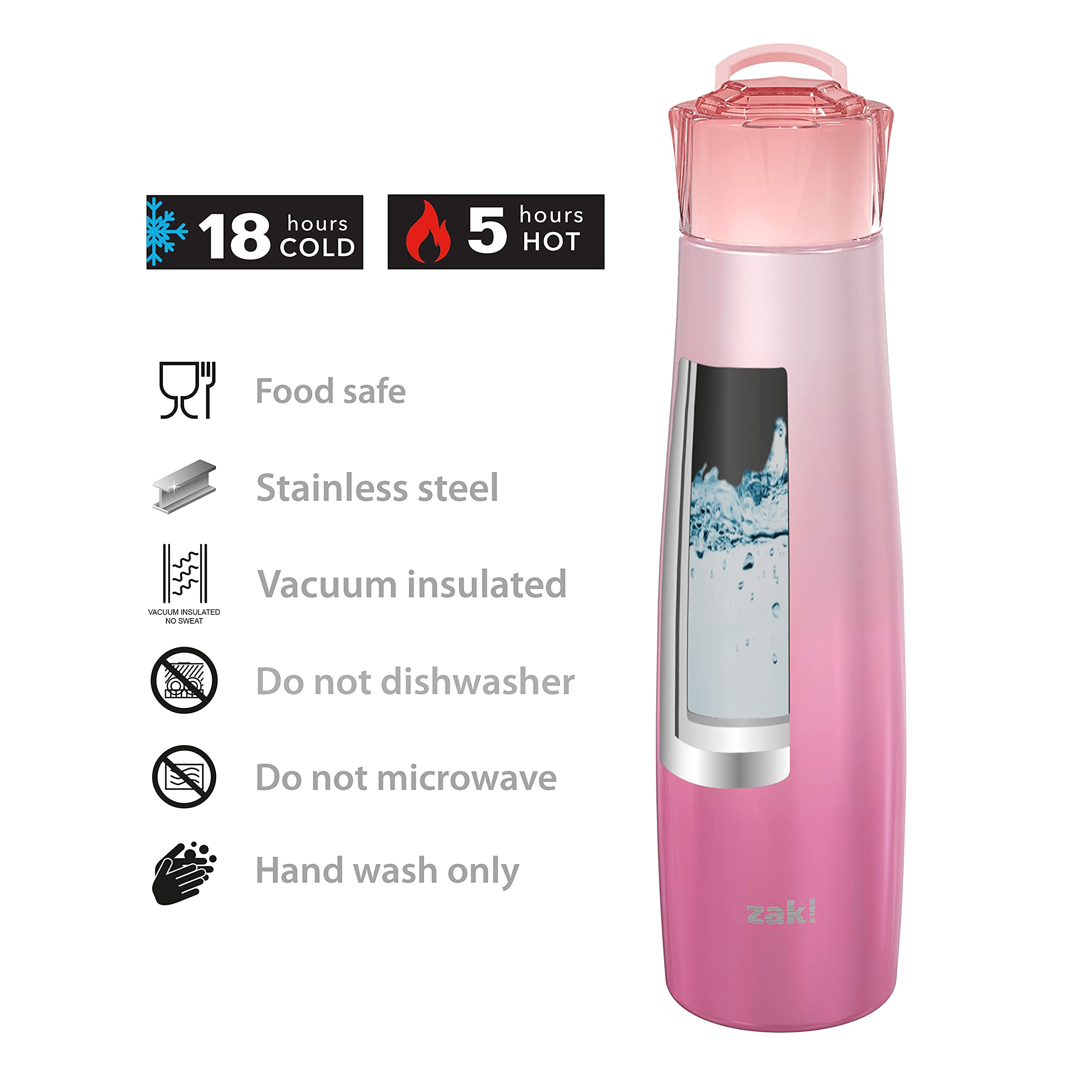 Zak Designs 20 oz Jewel Vacuum Insulated 18/8 Stainless Steel Water Bottle with Leak-Proof Lid, Keeps Cold and Fits In Car Cup Holders for Travel (20 oz, Pink Diamond)