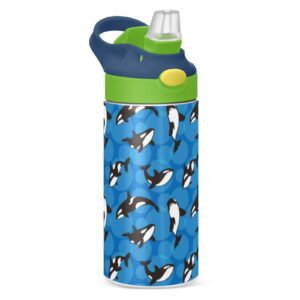 alaza orca killer whale on blue background kids water bottles with lids straw insulated stainless steel water bottles double walled leakproof tumbler travel cup for girls boys toddlers 12 oz / 350 ml,