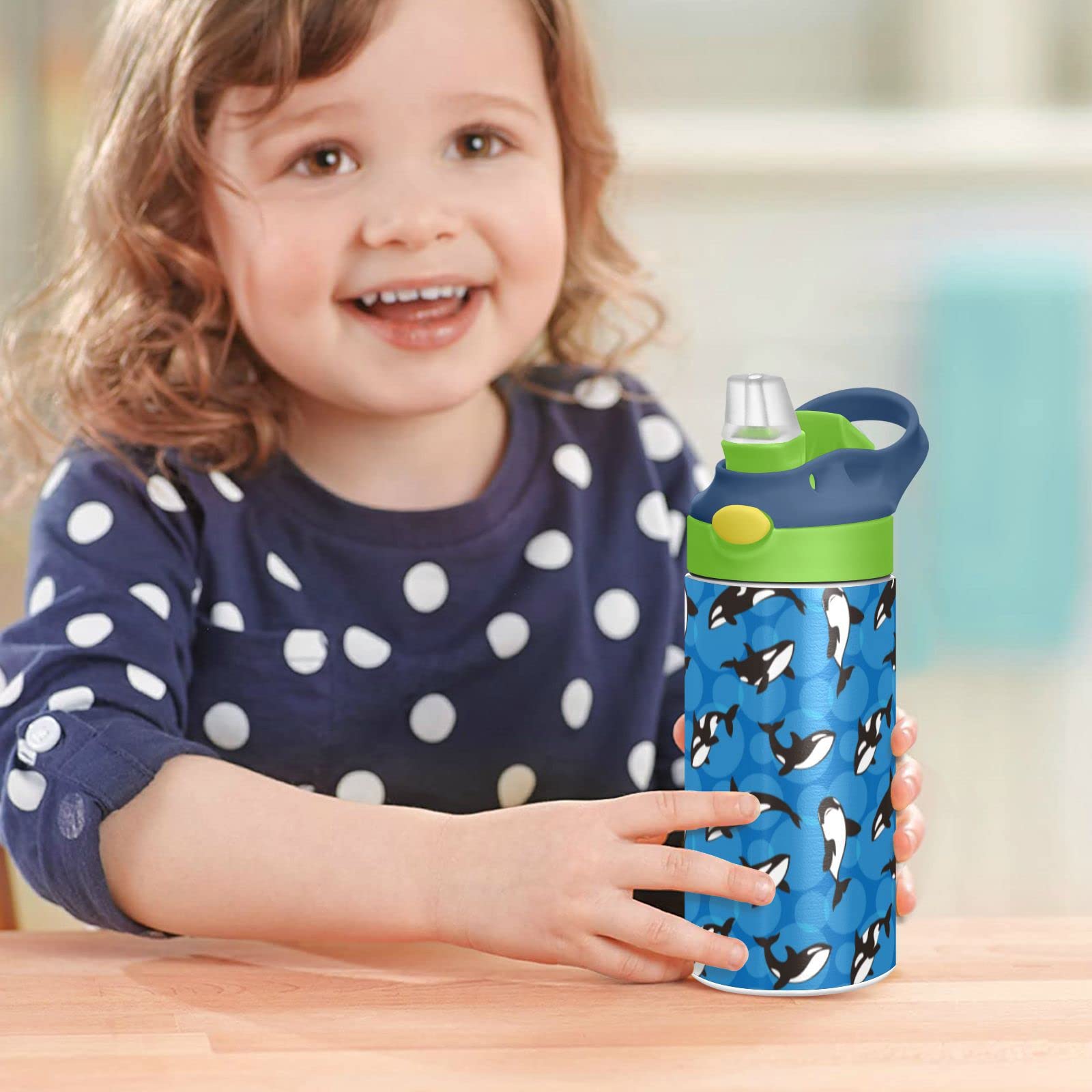 ALAZA Orca Killer Whale on Blue Background Kids Water Bottles with Lids Straw Insulated Stainless Steel Water Bottles Double Walled Leakproof Tumbler Travel Cup for Girls Boys Toddlers 12 oz / 350 ml,