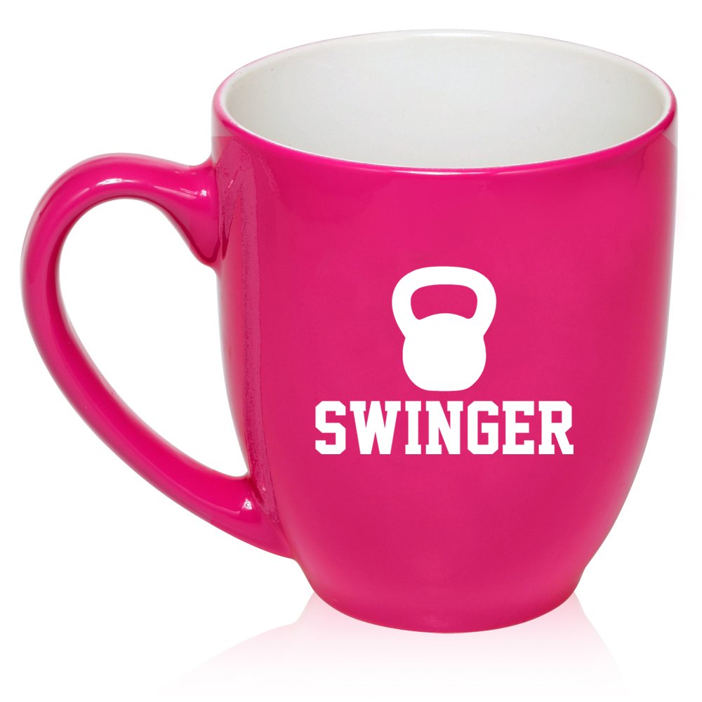 16 oz Large Bistro Mug Ceramic Coffee Tea Glass Cup Swinger Kettlebell Funny Workout Fitness (Hot Pink)