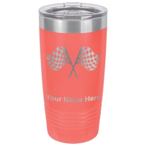 lasergram 20oz vacuum insulated tumbler mug, racing flags, personalized engraving included (coral)