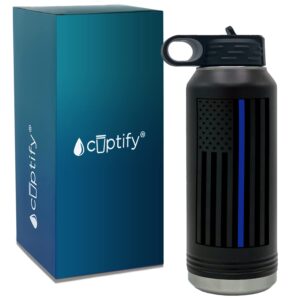 cuptify black thin blue line police flag on black sports bottle with straw 32 oz stainless steel vacuum insulated bottle gift for police, academy, graduation