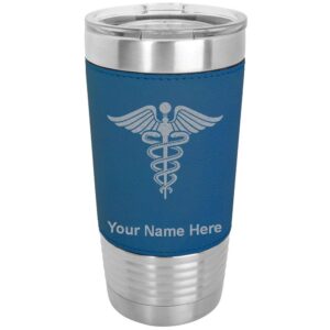 lasergram 20oz vacuum insulated tumbler mug, caduceus medical symbol, personalized engraving included (faux leather, blue)
