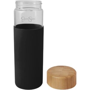 jessica simpson 16oz glass water bottle with bamboo lid and non slip grip, black