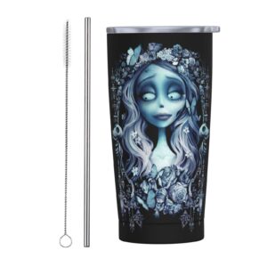 anime corpse bride stainless steel coffee mug with straw and lid brush vacuum insulated coffee tumbler durable travel mugs thermal cup for car office 20 oz