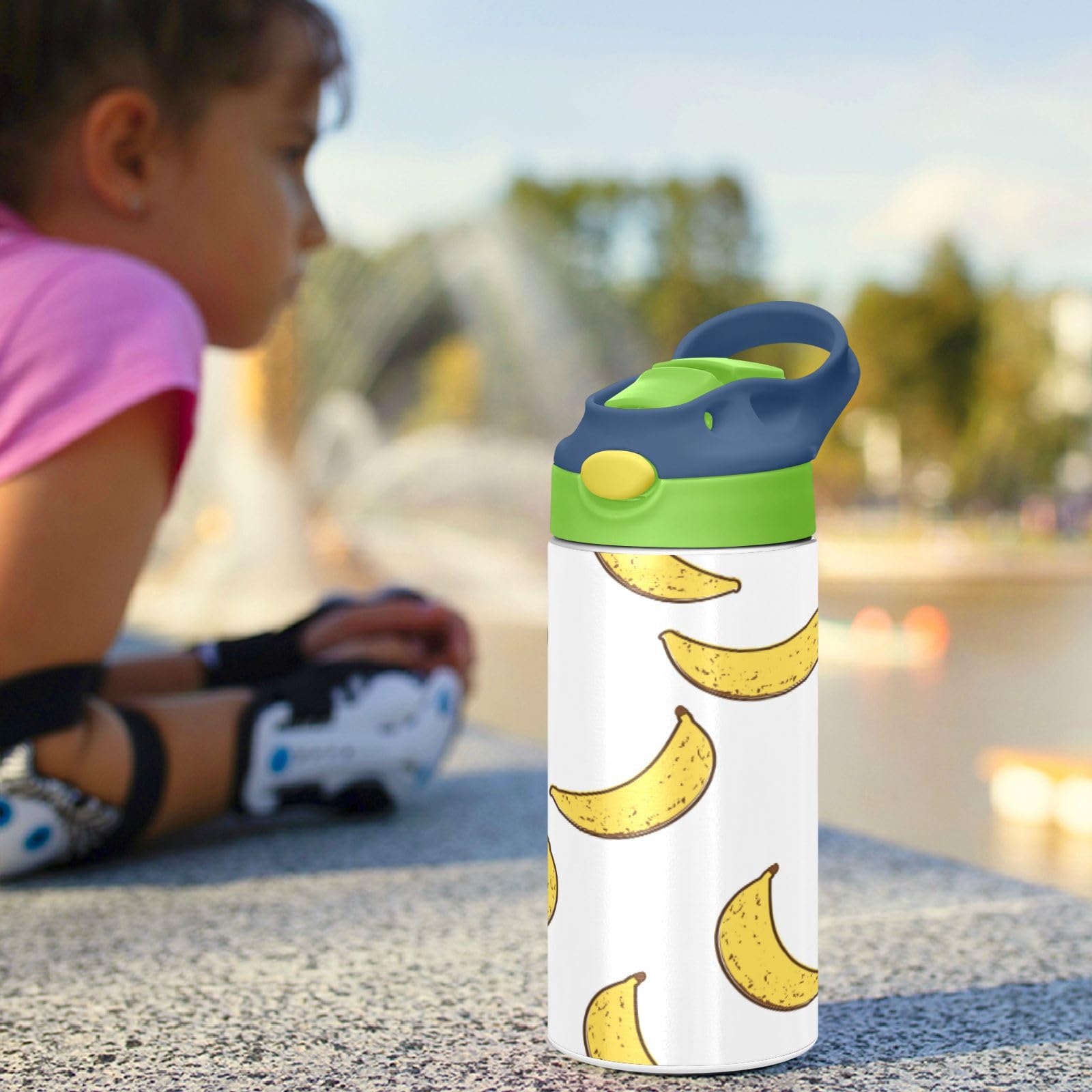 xigua Banana Pattern Kids Water Bottle,Vacuum Insulated Bottles with Straw Lid,Leakproof Stainless Steel Thermos Bottles for Girls and Boys