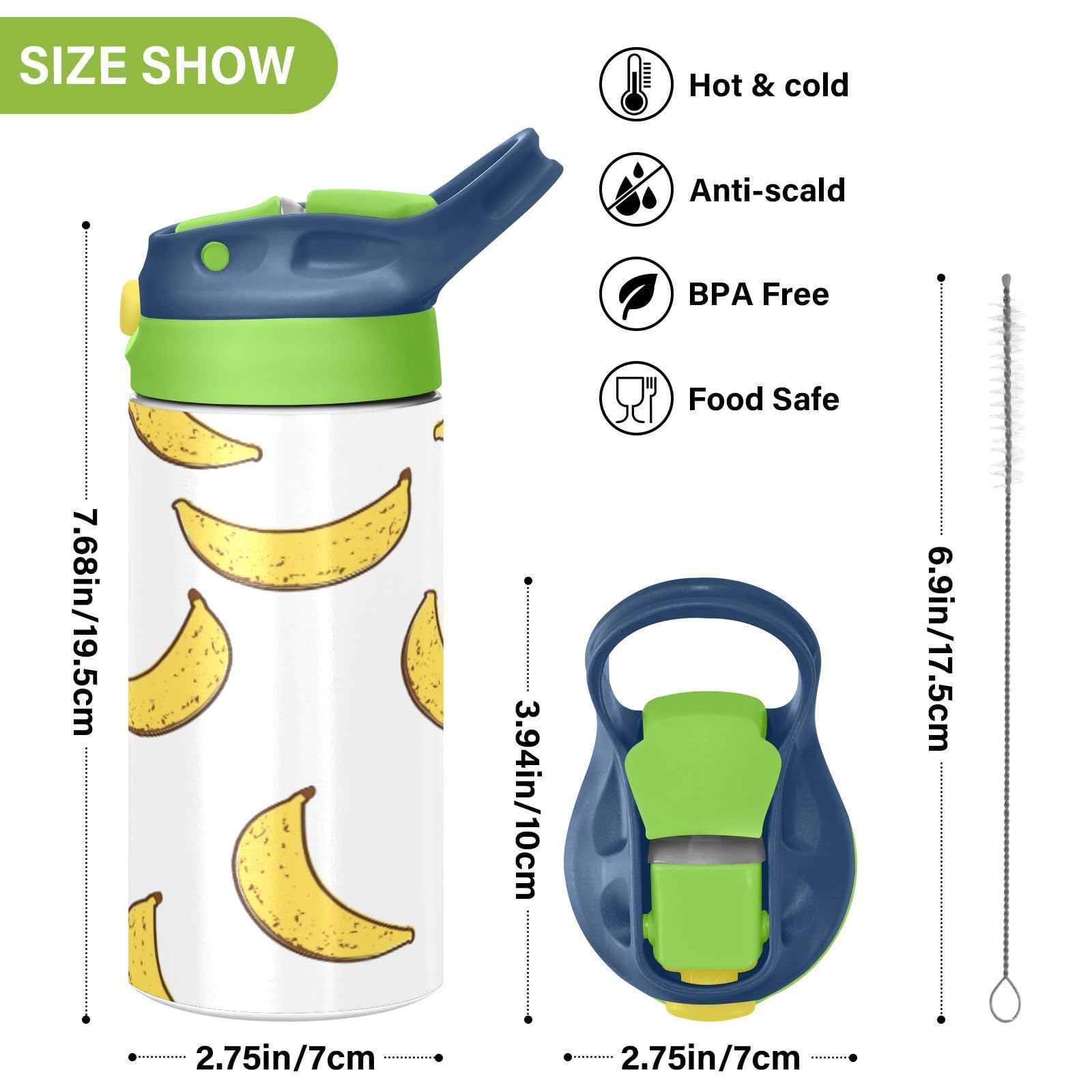 xigua Banana Pattern Kids Water Bottle,Vacuum Insulated Bottles with Straw Lid,Leakproof Stainless Steel Thermos Bottles for Girls and Boys