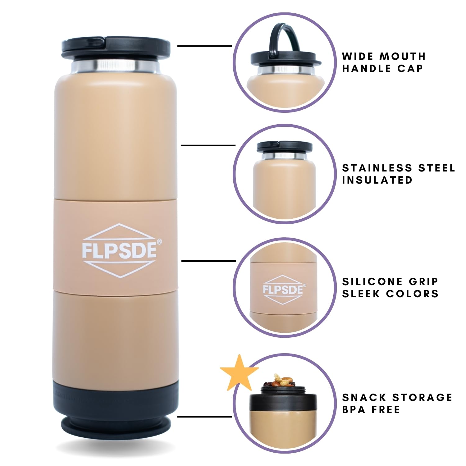 FLPSDE Water Bottle with Snack Compartment, Drink & Snack Cup Combo, 20oz Stainless Steel Water Bottle with 7oz Snack Container, Snack Storage, Dual Chamber Water Bottle