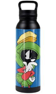 looney tunes official marvin the martian 24 oz insulated canteen water bottle, leak resistant, vacuum insulated stainless steel with loop cap, black