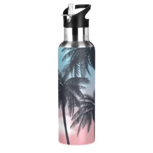 yasala water bottle palm tree pink sky coffee thermos stainless steel insulated beverage container 20 oz with straw lid bpa-free for sport, travel, camp