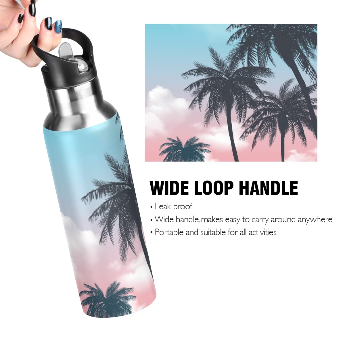 Yasala Water Bottle Palm Tree Pink Sky Coffee Thermos Stainless Steel Insulated Beverage Container 20 oz with Straw Lid BPA-Free for Sport, Travel, Camp