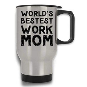 world's best work mom funny from son or daughter travel mug with handle and lid | silver stainless steel 14 oz