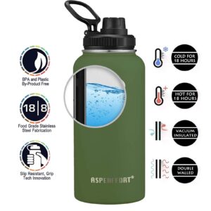 Stainless Steel Water Bottle With Straw Lid Double Walled Vacuum Insulated Metal Thermos Flask Leakproof 32OZ Army Green