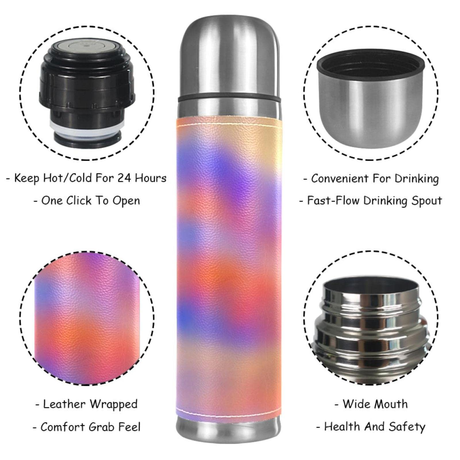 Stainless Steel Leather Vacuum Insulated Mug Color Texture Thermos Water Bottle for Hot and Cold Drinks Kids Adults 16 Oz