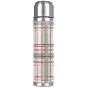 stainless steel leather vacuum insulated mug cascading plaid thermos water bottle for hot and cold drinks kids adults 16 oz