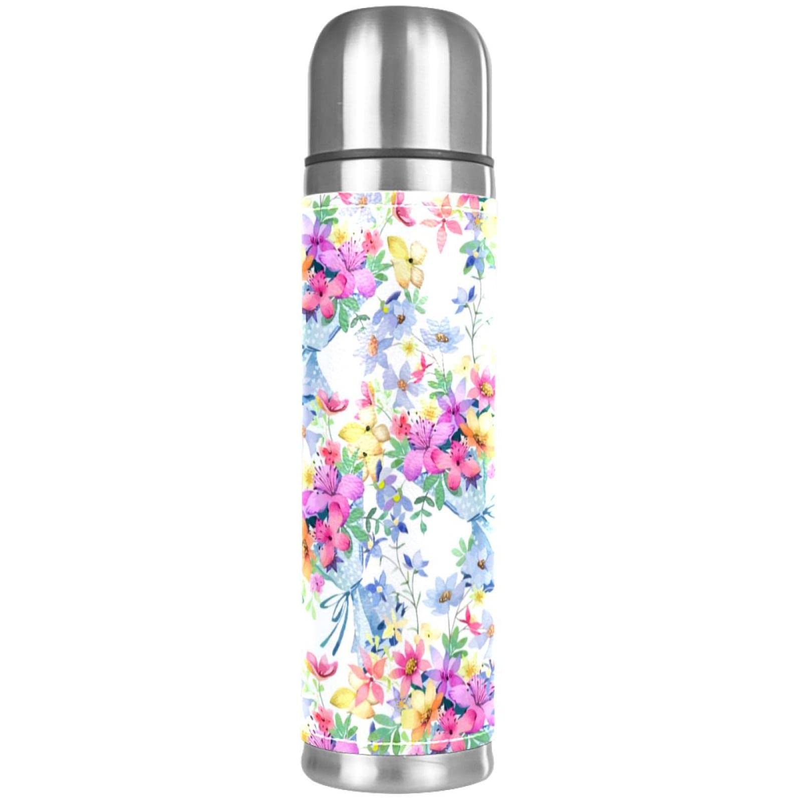 Stainless Steel Leather Vacuum Insulated Mug Flowers Thermos Water Bottle for Hot and Cold Drinks Kids Adults 16 Oz