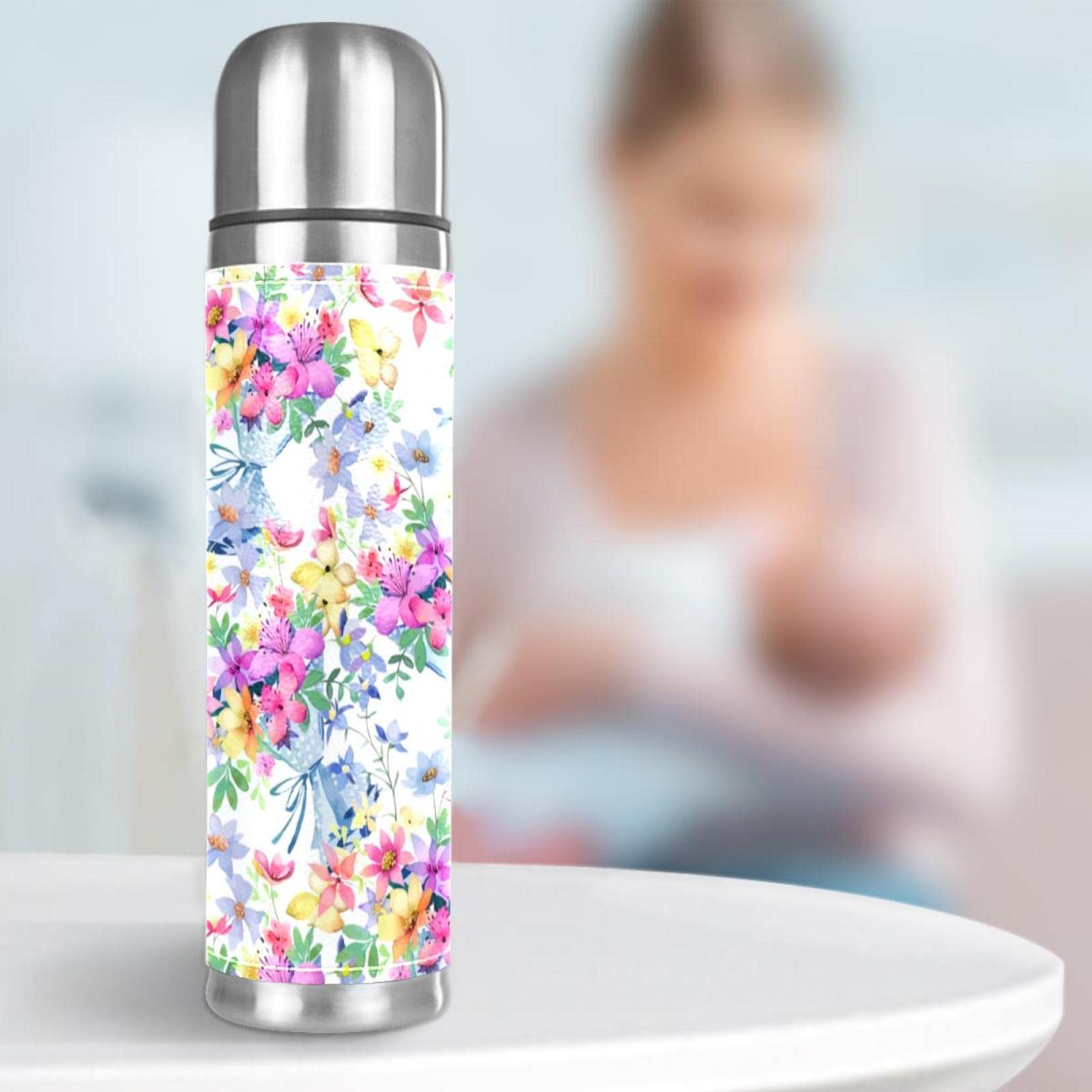 Stainless Steel Leather Vacuum Insulated Mug Flowers Thermos Water Bottle for Hot and Cold Drinks Kids Adults 16 Oz