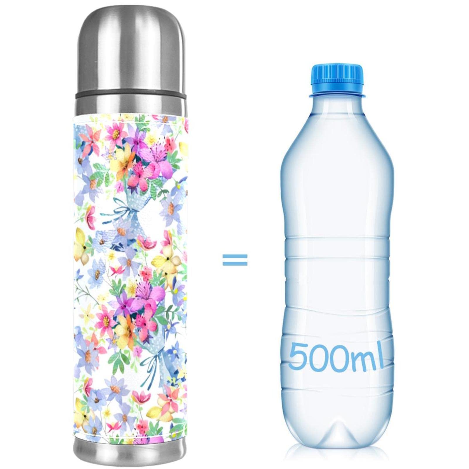 Stainless Steel Leather Vacuum Insulated Mug Flowers Thermos Water Bottle for Hot and Cold Drinks Kids Adults 16 Oz