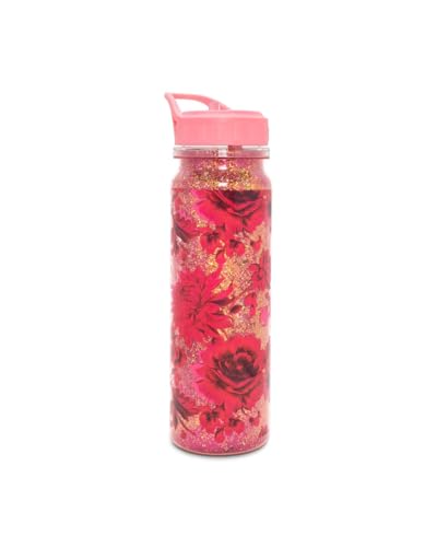 ban.do Insulated Water Bottle with Straw, BPA Free Water Bottle Holds 16 Ounces, Pink/Red Floral Double Wall Tumbler with Glitter, Potpourri