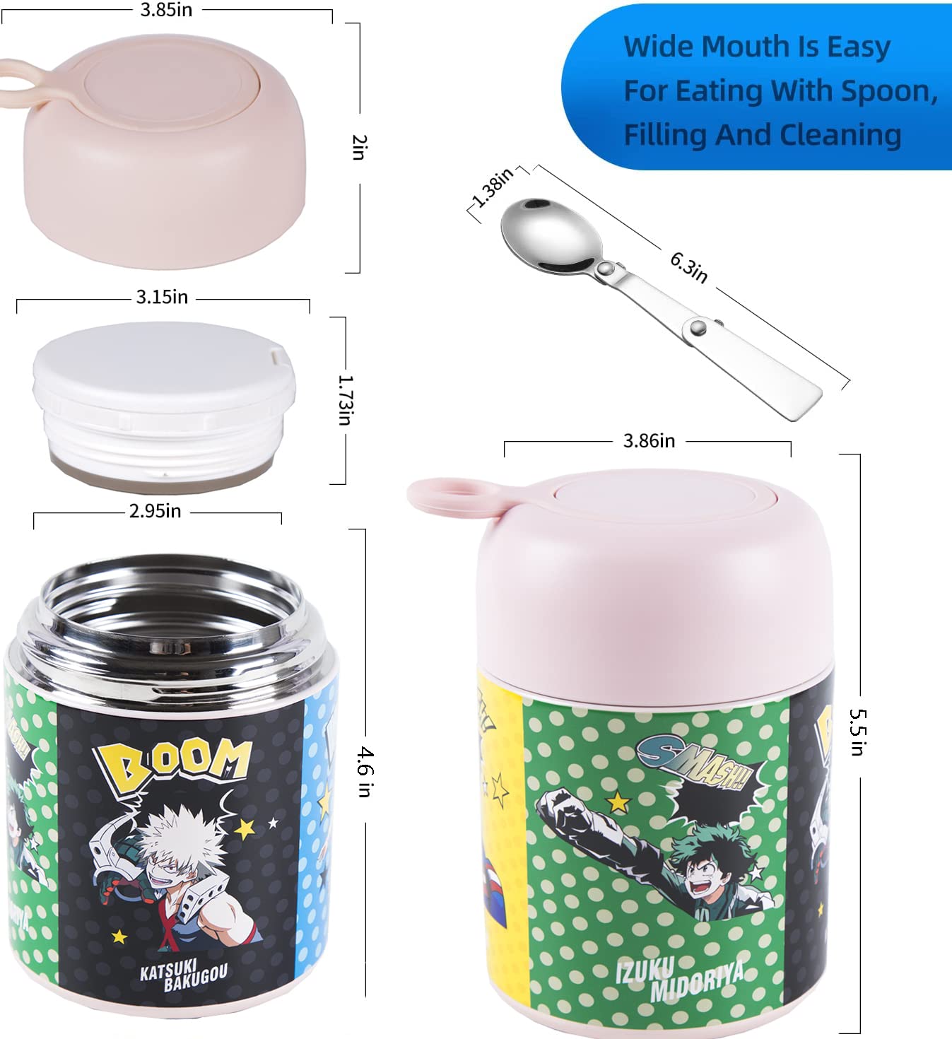 Maxerkeep Japanese Anime todoroki Deku izuku midoriya Bakugo 17oz Vacuum Insulated Soup Flask, Stainless Steel Lunch Container for Hot Food,Food Jar for Toddlers & Kids