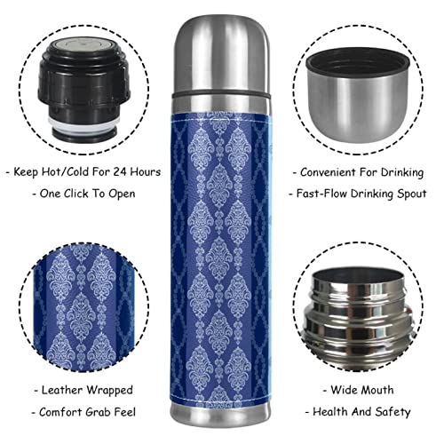 Stainless Steel Leather Vacuum Insulated Mug Vintage Flower Texture Thermos Water Bottle for Hot and Cold Drinks Kids Adults 16 Oz