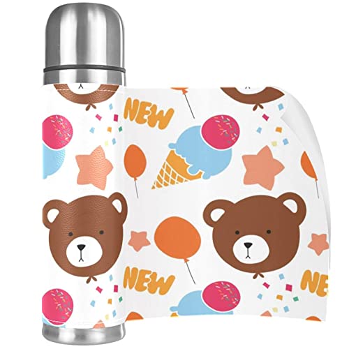 Stainless Steel Leather Vacuum Insulated Mug Bear Thermos Water Bottle for Hot and Cold Drinks Kids Adults 16 Oz