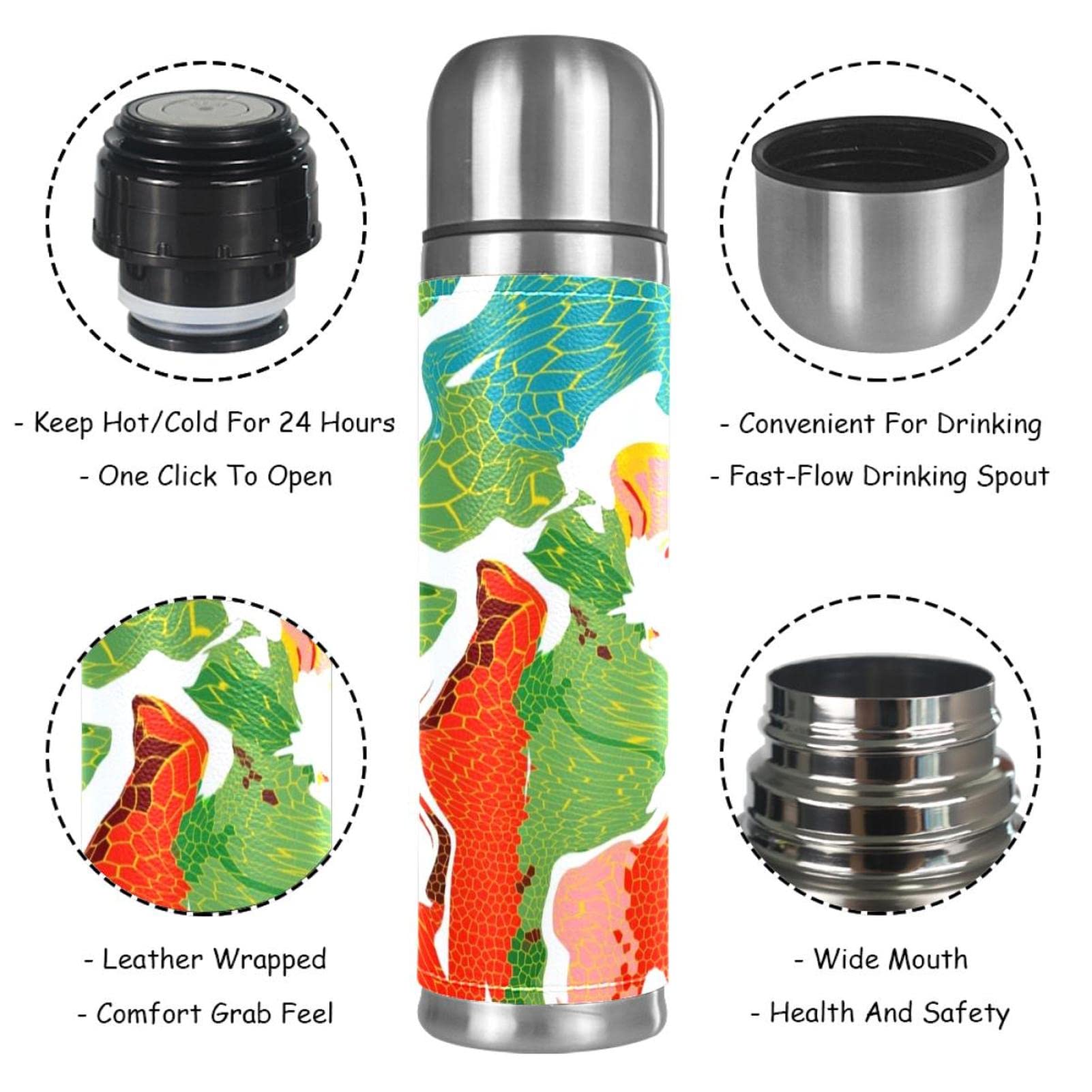 Stainless Steel Leather Vacuum Insulated Mug Abstract Thermos Water Bottle for Hot and Cold Drinks Kids Adults 16 Oz