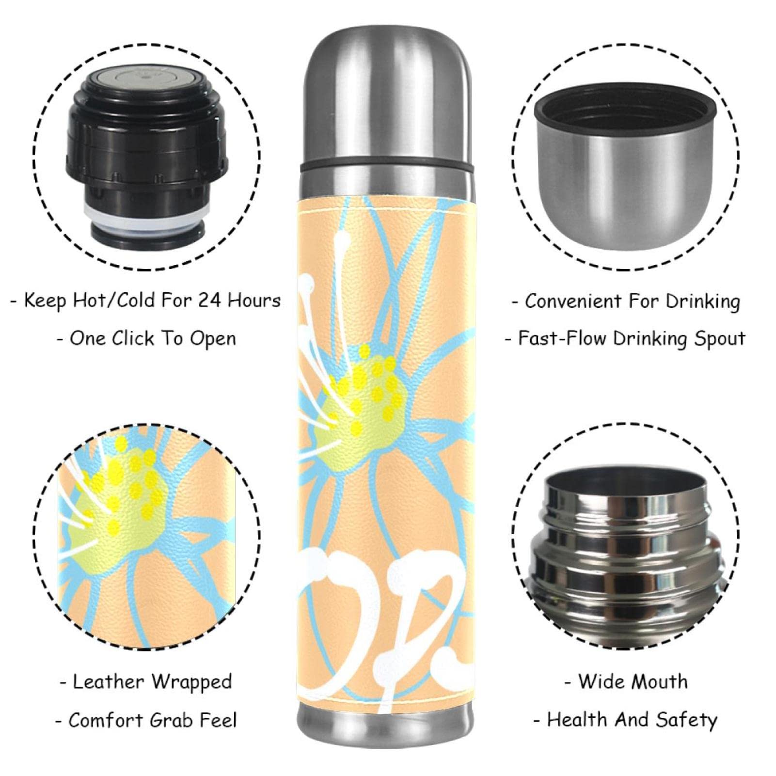 Stainless Steel Leather Vacuum Insulated Mug Flower Thermos Water Bottle for Hot and Cold Drinks Kids Adults 16 Oz