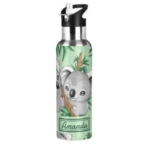 koala cute on green sport water bottle with straw lid leakproof kids insulated stainless steel water flask thermos bottle for gym outdoor 20 oz
