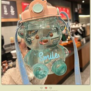 Cute Water Bottle 35OZ Kawaii Water Bottles with Straw and Shoulder Strap for School Camping Sports Travel, Leak-proof Girls Drinking Water Jug