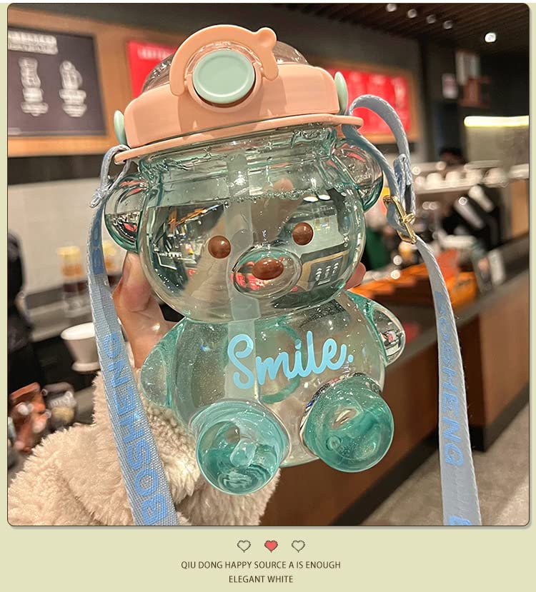 Cute Water Bottle 35OZ Kawaii Water Bottles with Straw and Shoulder Strap for School Camping Sports Travel, Leak-proof Girls Drinking Water Jug