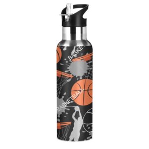basketball football sports kids water bottle thermos with straw school vacuum insulated stainless steel thermos bottle cup leakproof sport travel cup mug handle for boys man women 20 oz
