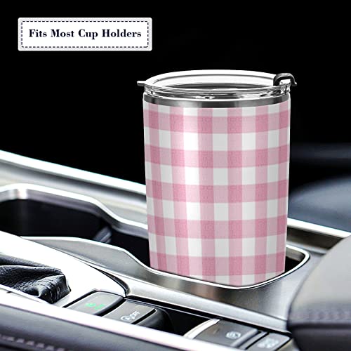 Yasala Tumbler Gingham Plaid Pink Insulated Coffee Cup Beverage Container Travel Mug with Straw and Lid Double Wall Stainless Steel 20oz BPA-Free for Sport, Back to School