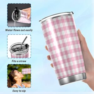 Yasala Tumbler Gingham Plaid Pink Insulated Coffee Cup Beverage Container Travel Mug with Straw and Lid Double Wall Stainless Steel 20oz BPA-Free for Sport, Back to School