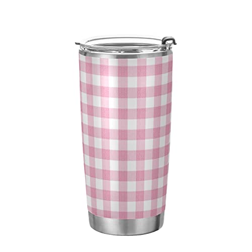 Yasala Tumbler Gingham Plaid Pink Insulated Coffee Cup Beverage Container Travel Mug with Straw and Lid Double Wall Stainless Steel 20oz BPA-Free for Sport, Back to School