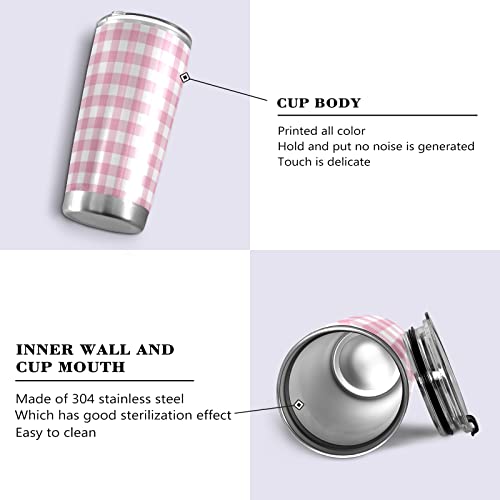 Yasala Tumbler Gingham Plaid Pink Insulated Coffee Cup Beverage Container Travel Mug with Straw and Lid Double Wall Stainless Steel 20oz BPA-Free for Sport, Back to School