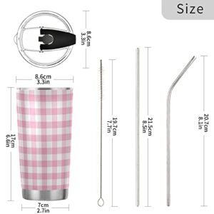 Yasala Tumbler Gingham Plaid Pink Insulated Coffee Cup Beverage Container Travel Mug with Straw and Lid Double Wall Stainless Steel 20oz BPA-Free for Sport, Back to School