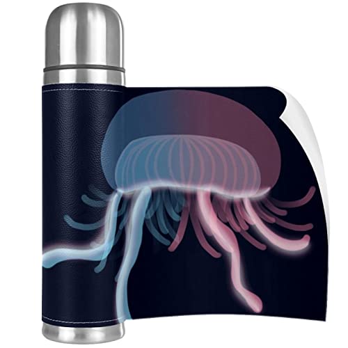 Stainless Steel Leather Vacuum Insulated Mug Jellyfish Thermos Water Bottle for Hot and Cold Drinks Kids Adults 16 Oz