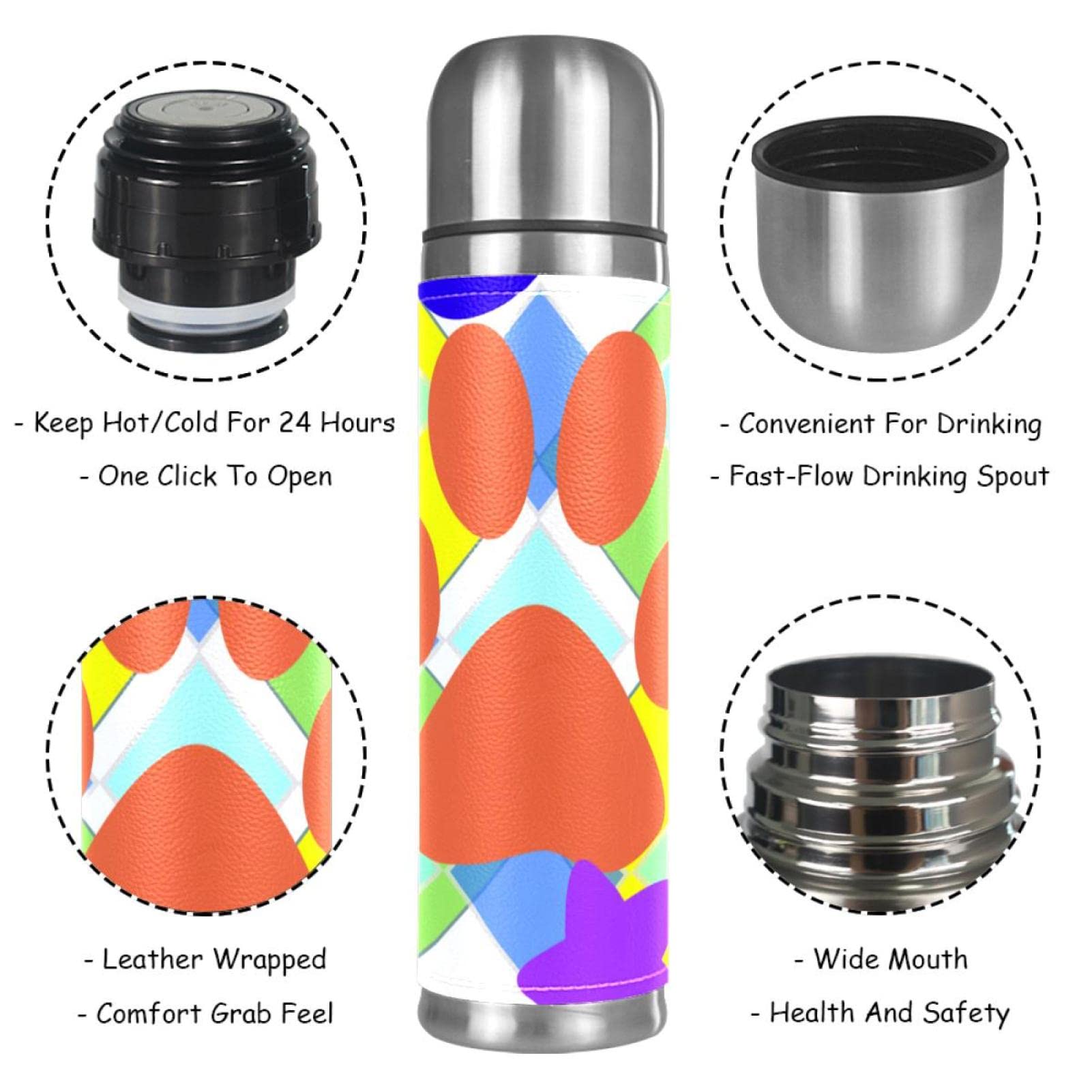 Stainless Steel Leather Vacuum Insulated Mug Abstract Thermos Water Bottle for Hot and Cold Drinks Kids Adults 16 Oz