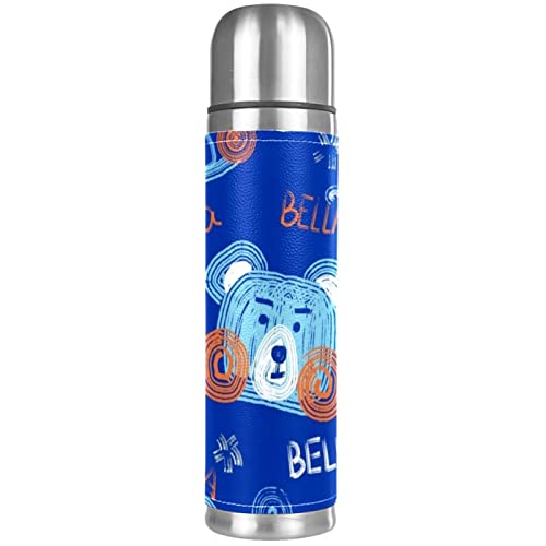 Stainless Steel Leather Vacuum Insulated Mug Bear Thermos Water Bottle for Hot and Cold Drinks Kids Adults 16 Oz