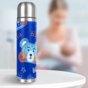 Stainless Steel Leather Vacuum Insulated Mug Bear Thermos Water Bottle for Hot and Cold Drinks Kids Adults 16 Oz