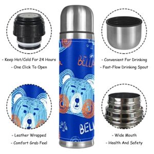 Stainless Steel Leather Vacuum Insulated Mug Bear Thermos Water Bottle for Hot and Cold Drinks Kids Adults 16 Oz