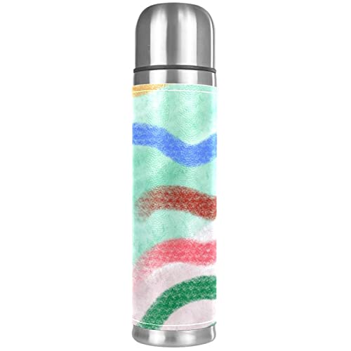 Stainless Steel Leather Vacuum Insulated Mug Colored Lines Thermos Water Bottle for Hot and Cold Drinks Kids Adults 16 Oz